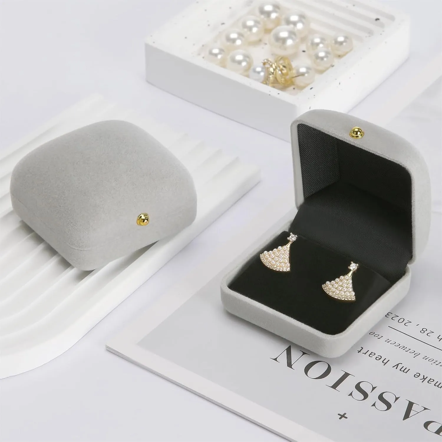 2 Pieces Velvet Earring Stud Gift Box, Jewelry Holder Display Case for Earring stud cufflinks, Earring Organizer Storage Box for Women Girl (Grey)