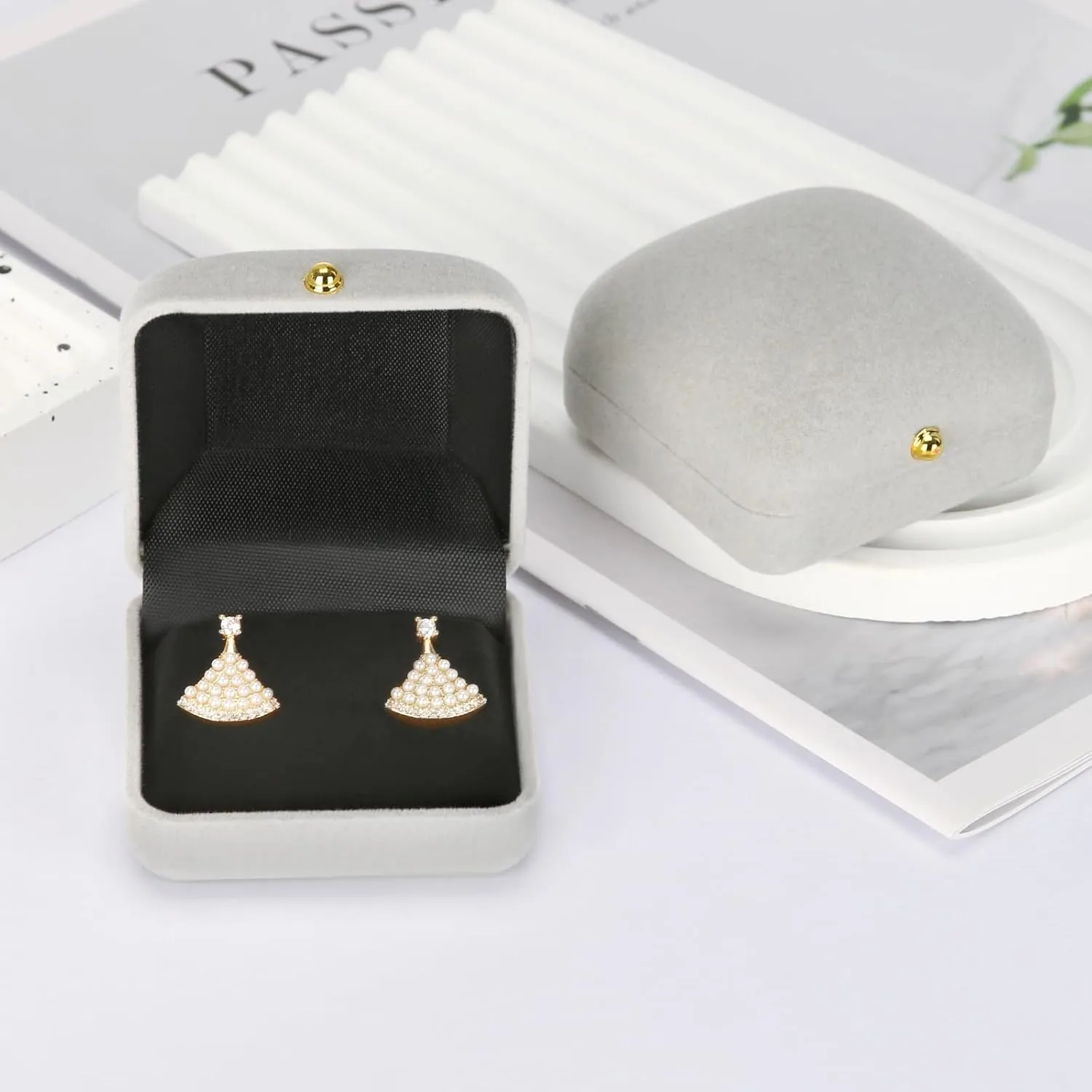 2 Pieces Velvet Earring Stud Gift Box, Jewelry Holder Display Case for Earring stud cufflinks, Earring Organizer Storage Box for Women Girl (Grey)