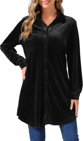 Allegra K Women's Velvet Button Down T Shirts Swing Mini Shirt Dress Casual Long Sleeve Lapel Tunic Tops