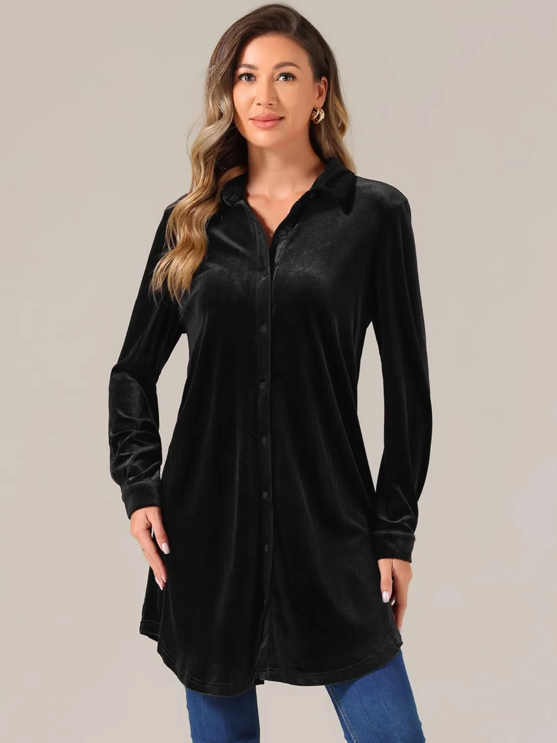 Allegra K Women's Velvet Button Down T Shirts Swing Mini Shirt Dress Casual Long Sleeve Lapel Tunic Tops