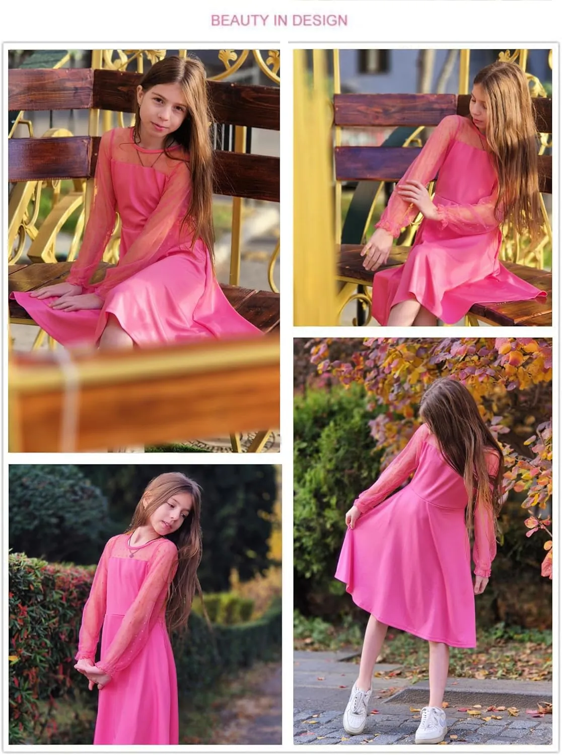 Arshiner Girl's Contrast Mesh Puff Long Sleeve High Waist A Line Short Dress with Pockets for 6-13 Years