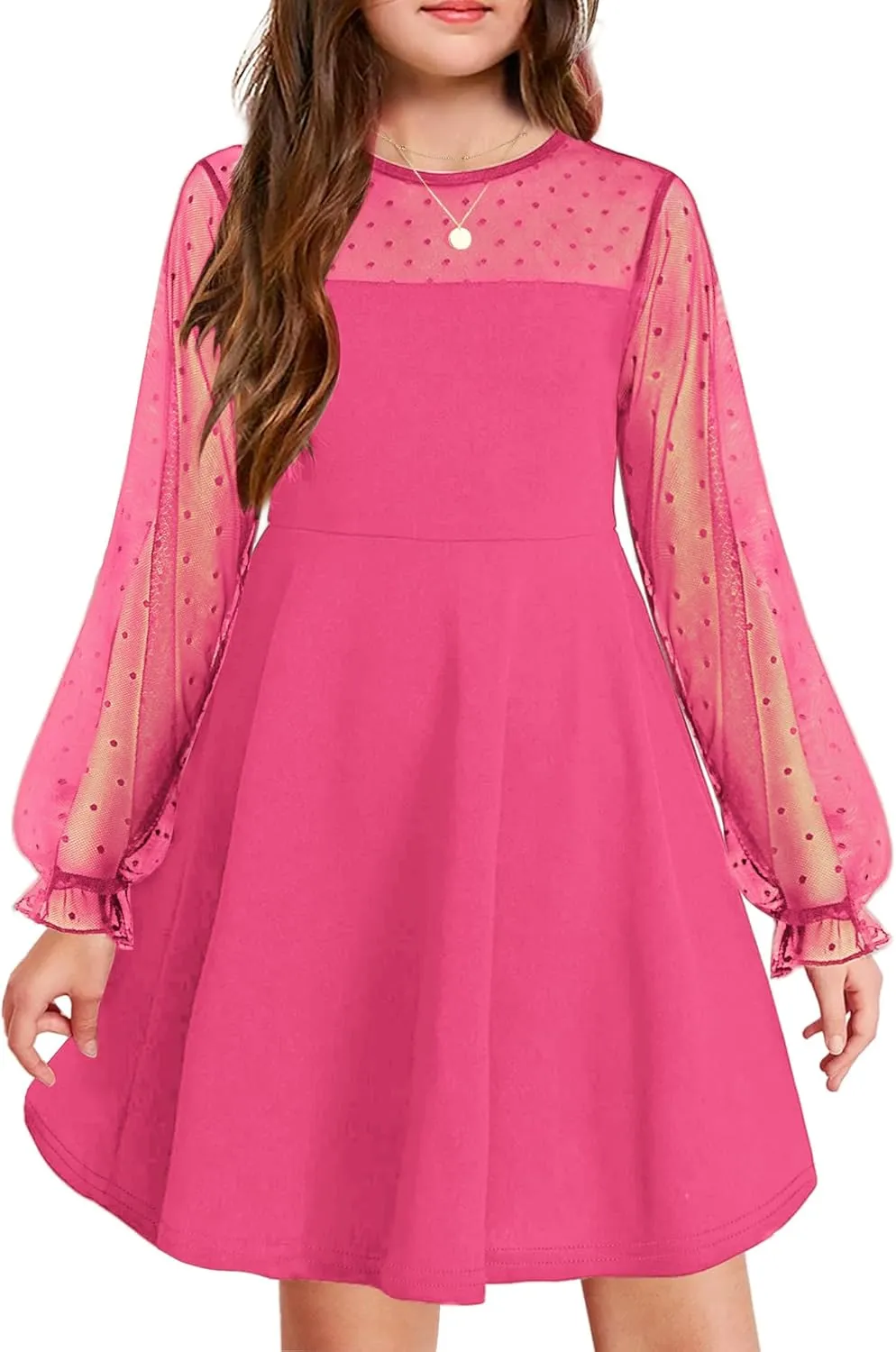 Arshiner Girl's Contrast Mesh Puff Long Sleeve High Waist A Line Short Dress with Pockets for 6-13 Years