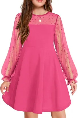 Arshiner Girl's Contrast Mesh Puff Long Sleeve High Waist A Line Short Dress with Pockets for 6-13 Years