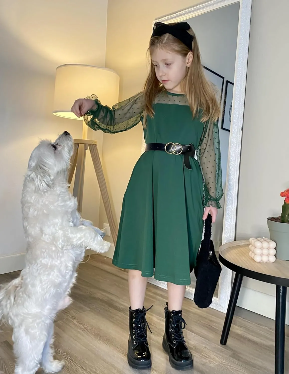 Arshiner Girl's Contrast Mesh Puff Long Sleeve High Waist A Line Short Dress with Pockets for 6-13 Years