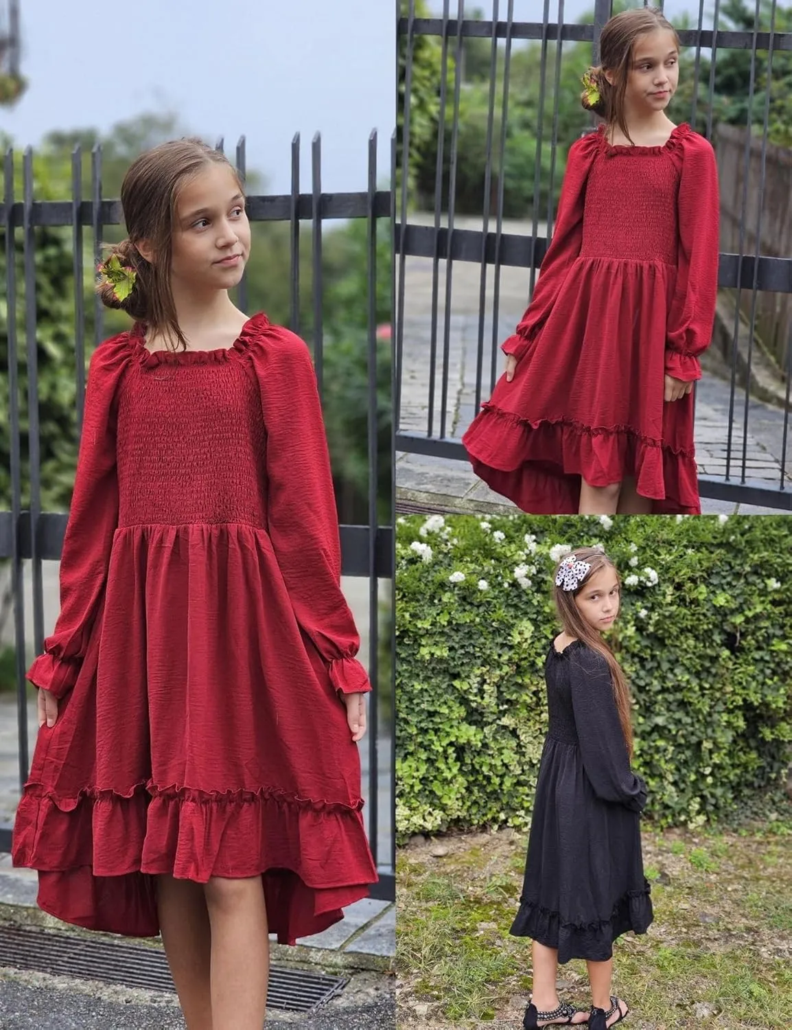 Arshiner Girls Dresses Puff Long Sleeve Fall Winter Smocked High Low Swing Midi Dress with Pockets