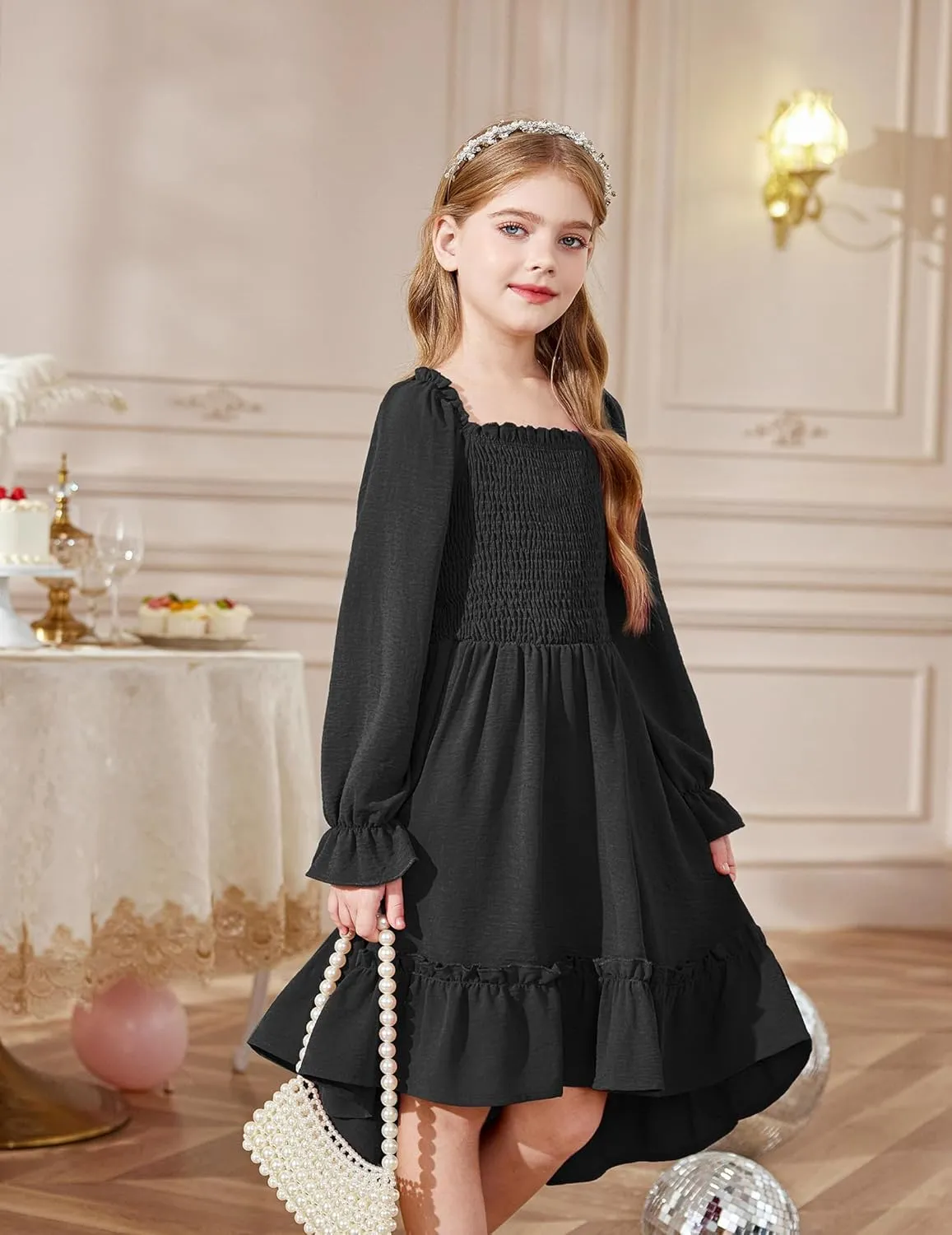Arshiner Girls Dresses Puff Long Sleeve Fall Winter Smocked High Low Swing Midi Dress with Pockets