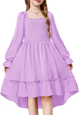 Arshiner Girls Dresses Puff Long Sleeve Fall Winter Smocked High Low Swing Midi Dress with Pockets