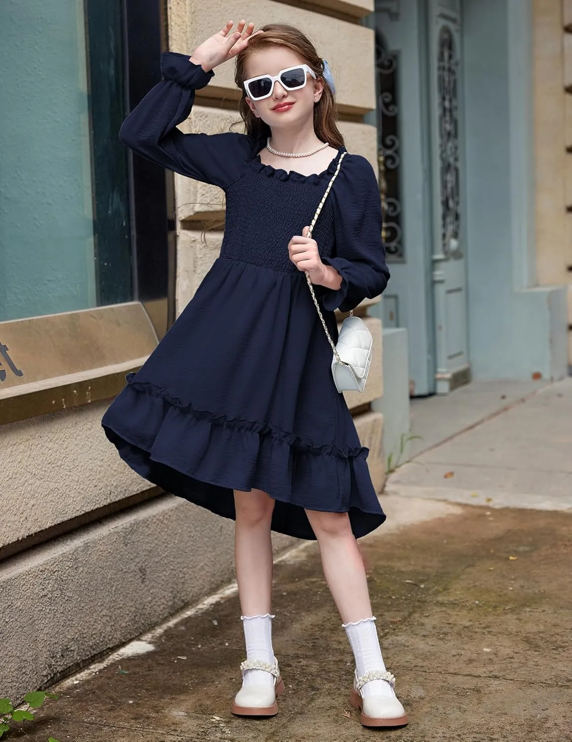 Arshiner Girls Dresses Puff Long Sleeve Fall Winter Smocked High Low Swing Midi Dress with Pockets