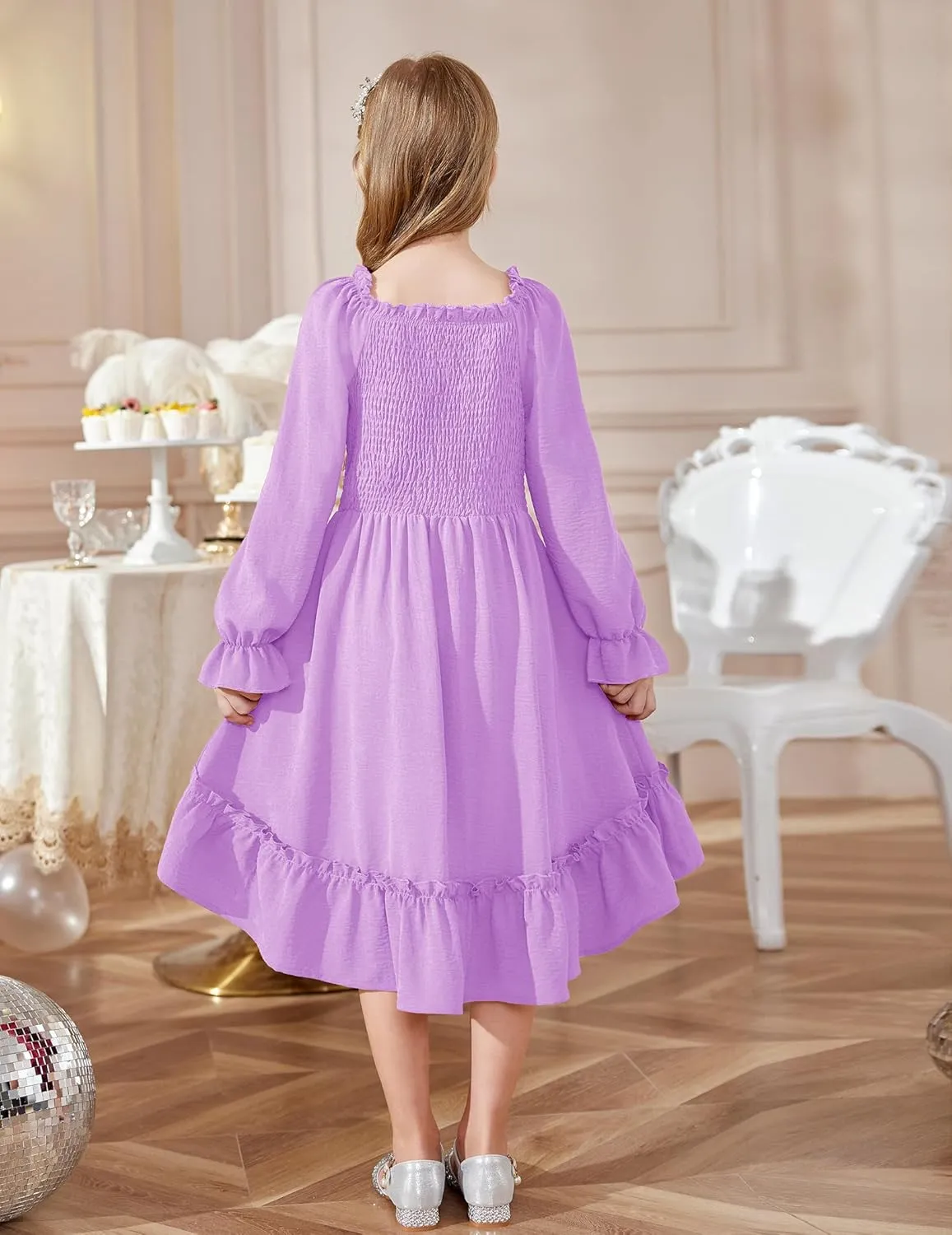 Arshiner Girls Dresses Puff Long Sleeve Fall Winter Smocked High Low Swing Midi Dress with Pockets