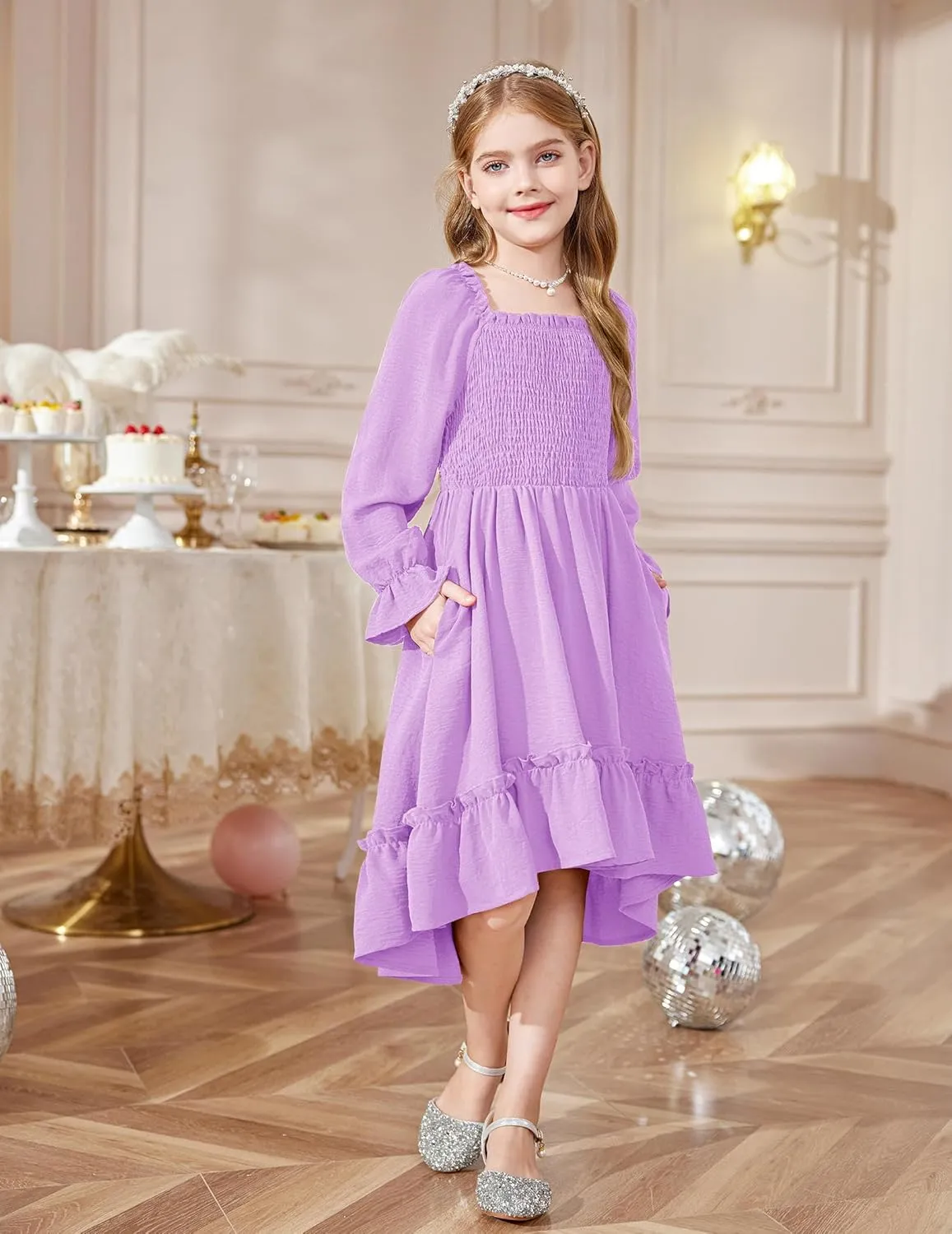 Arshiner Girls Dresses Puff Long Sleeve Fall Winter Smocked High Low Swing Midi Dress with Pockets