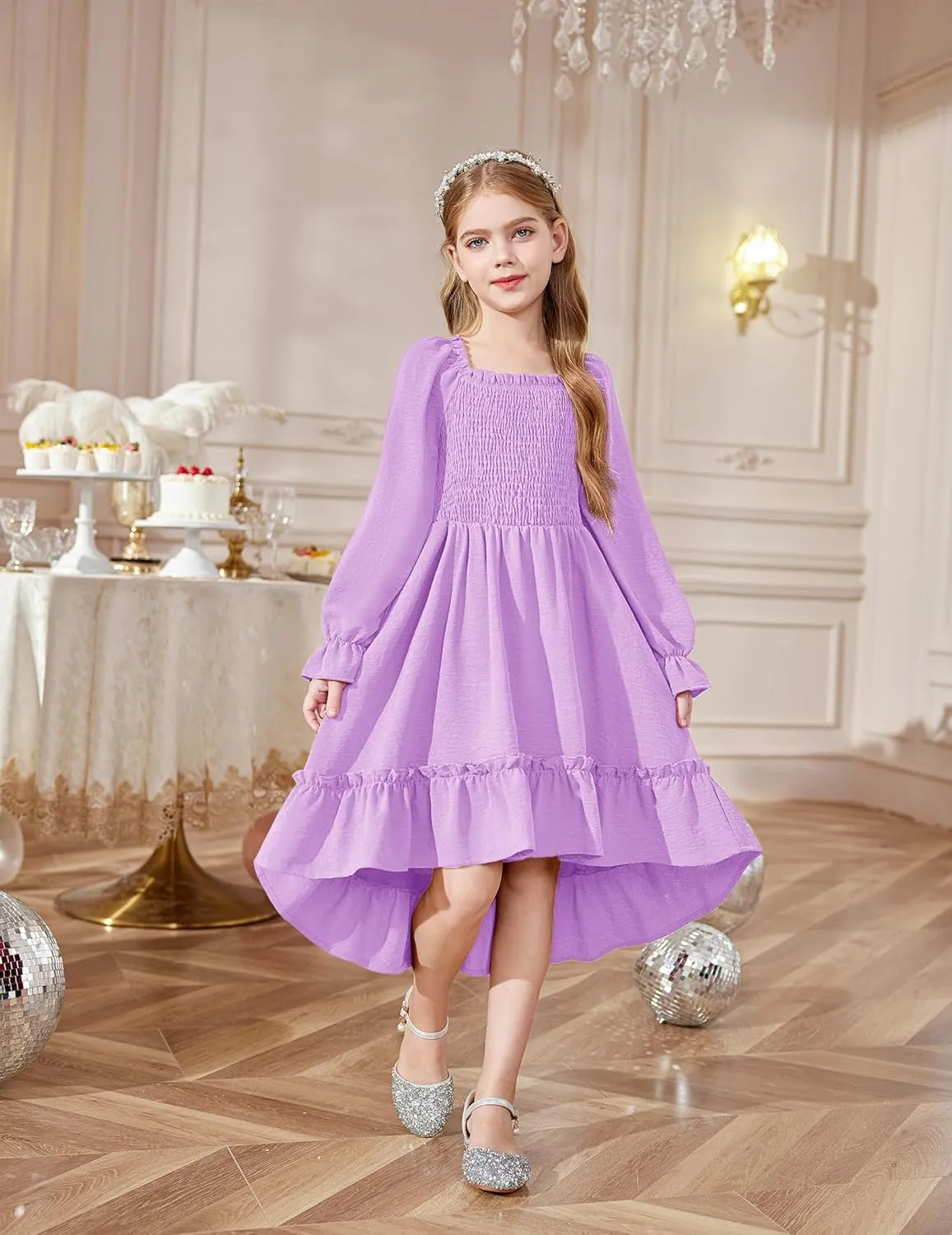 Arshiner Girls Dresses Puff Long Sleeve Fall Winter Smocked High Low Swing Midi Dress with Pockets