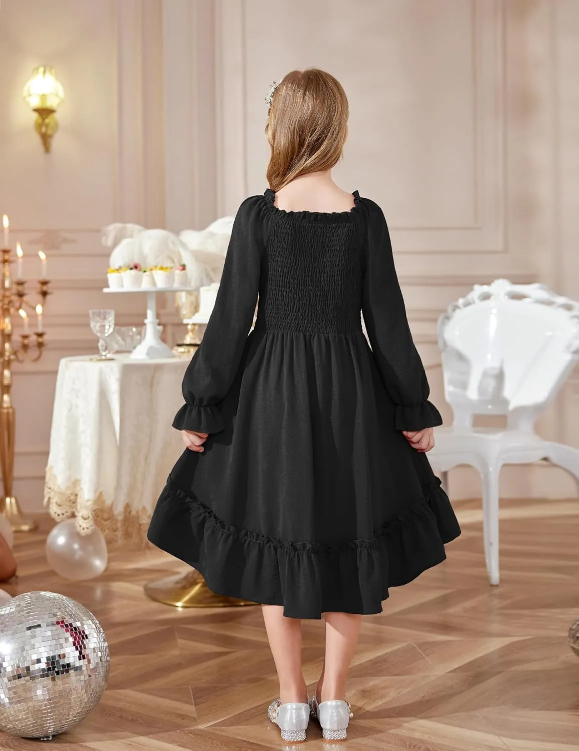 Arshiner Girls Dresses Puff Long Sleeve Fall Winter Smocked High Low Swing Midi Dress with Pockets
