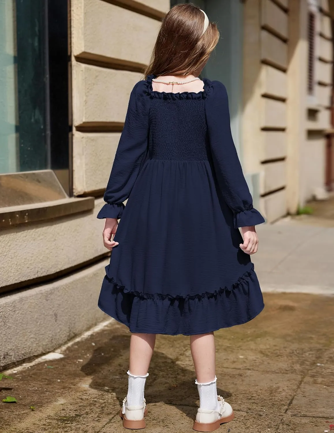 Arshiner Girls Dresses Puff Long Sleeve Fall Winter Smocked High Low Swing Midi Dress with Pockets
