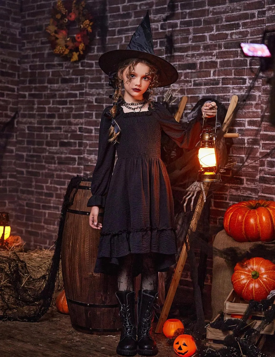 Arshiner Girls Dresses Puff Long Sleeve Fall Winter Smocked High Low Swing Midi Dress with Pockets