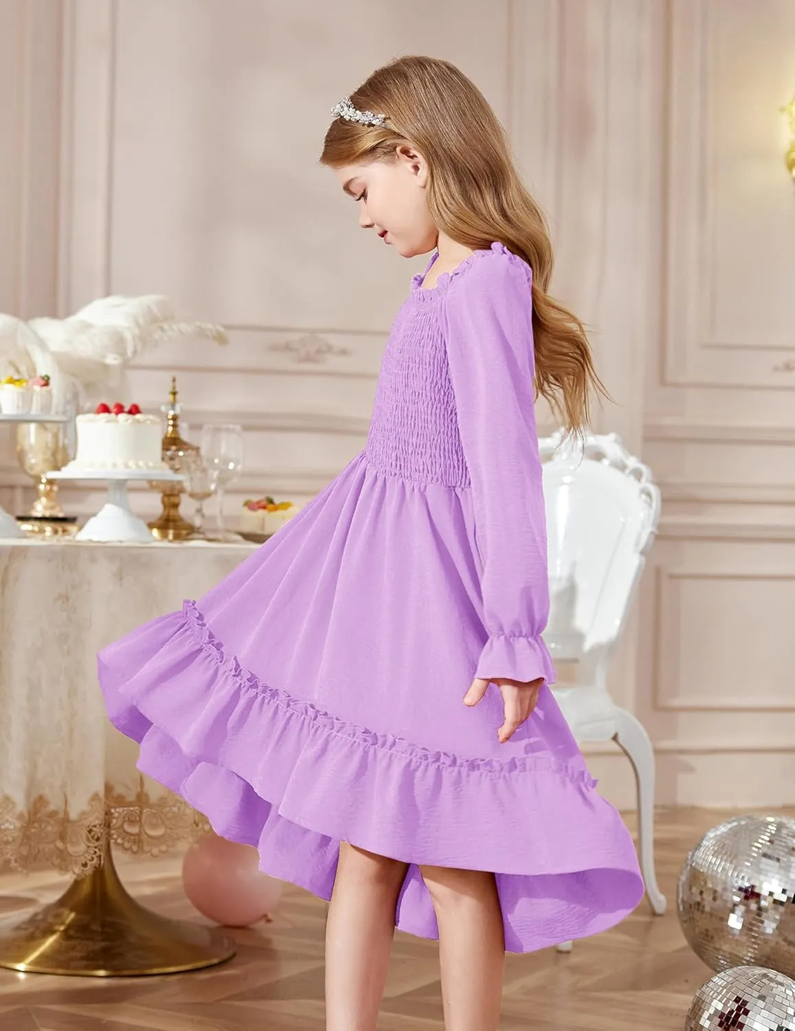 Arshiner Girls Dresses Puff Long Sleeve Fall Winter Smocked High Low Swing Midi Dress with Pockets