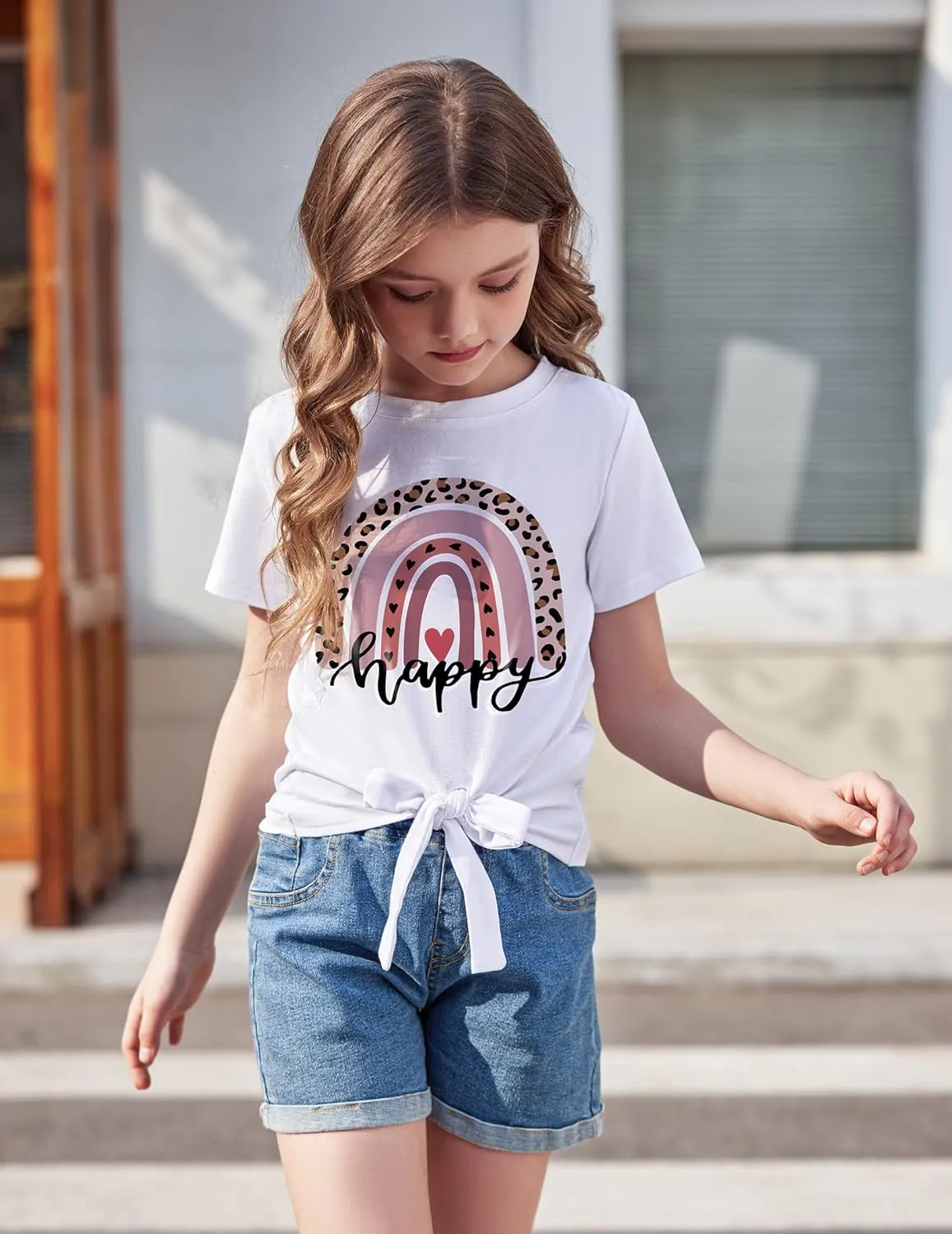 Arshiner Girls Short Sleeve Shirts Tie Knot Front Tops T Shirts for Kids Crewneck Cute Casual Tie Dye Tee Blouse