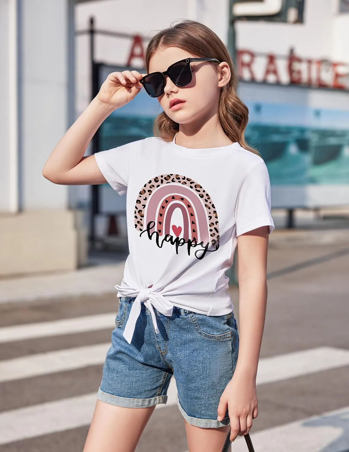 Arshiner Girls Short Sleeve Shirts Tie Knot Front Tops T Shirts for Kids Crewneck Cute Casual Tie Dye Tee Blouse