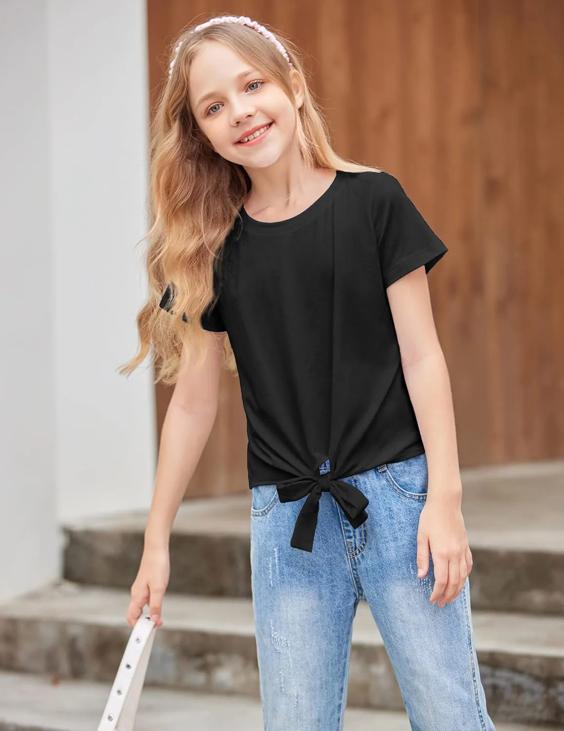 Arshiner Girls Short Sleeve Shirts Tie Knot Front Tops T Shirts for Kids Crewneck Cute Casual Tie Dye Tee Blouse