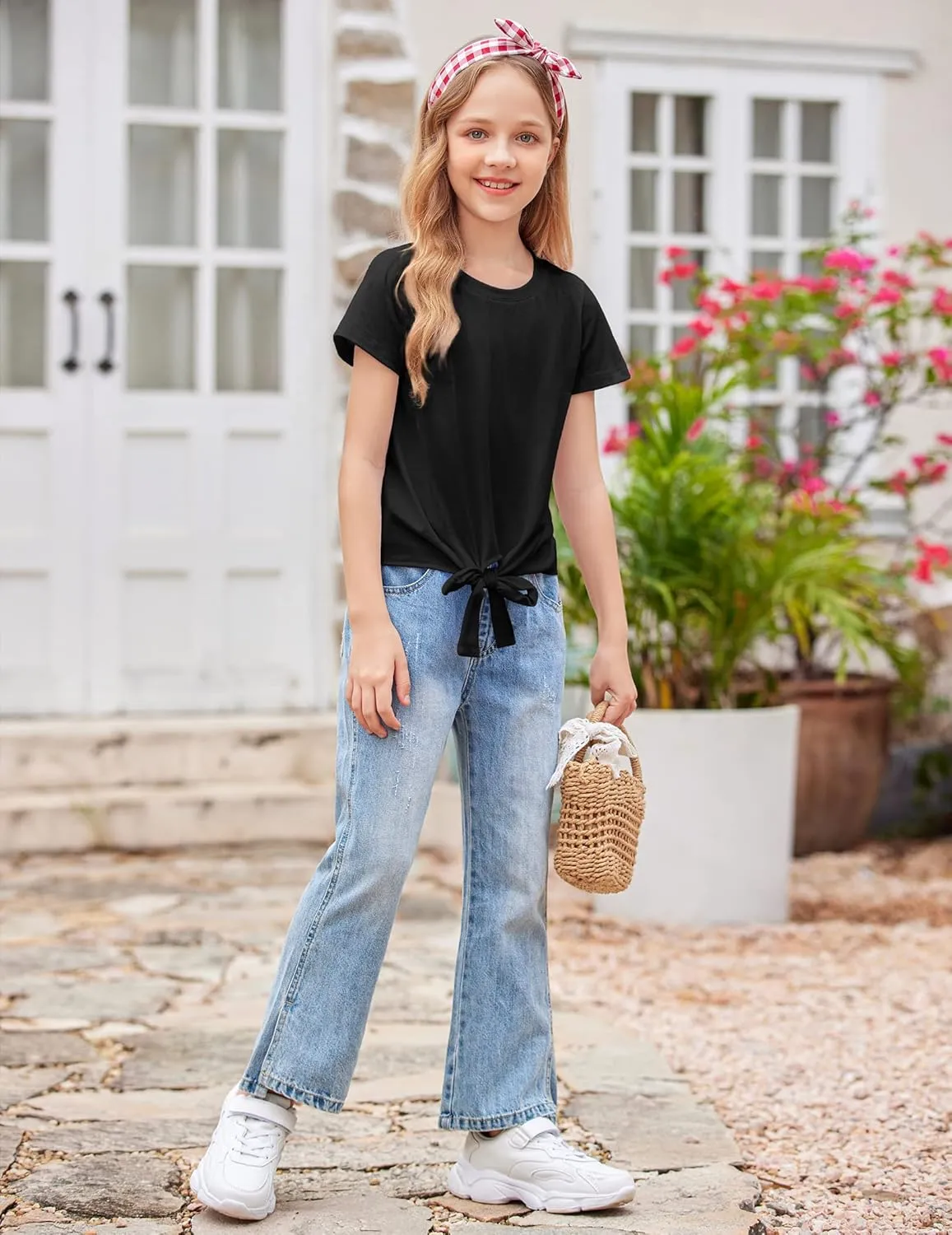 Arshiner Girls Short Sleeve Shirts Tie Knot Front Tops T Shirts for Kids Crewneck Cute Casual Tie Dye Tee Blouse