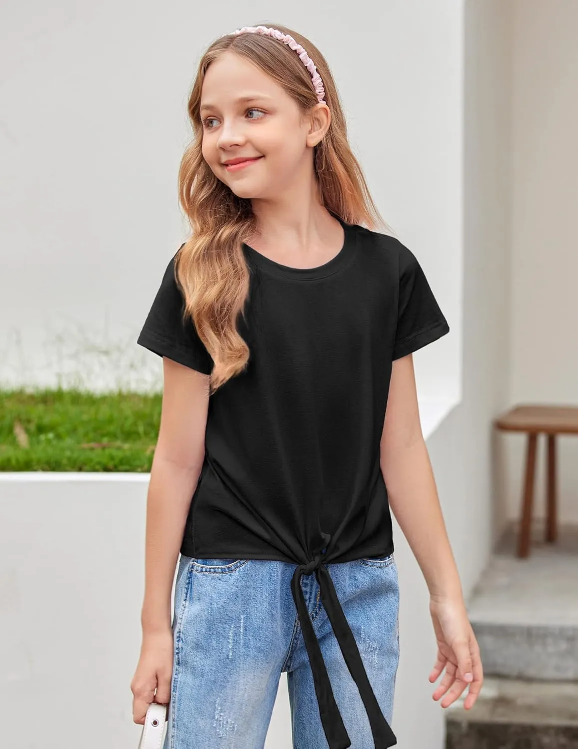 Arshiner Girls Short Sleeve Shirts Tie Knot Front Tops T Shirts for Kids Crewneck Cute Casual Tie Dye Tee Blouse