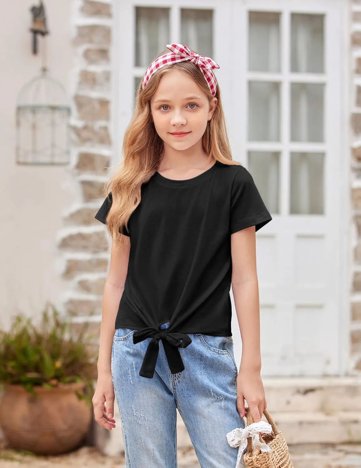 Arshiner Girls Short Sleeve Shirts Tie Knot Front Tops T Shirts for Kids Crewneck Cute Casual Tie Dye Tee Blouse