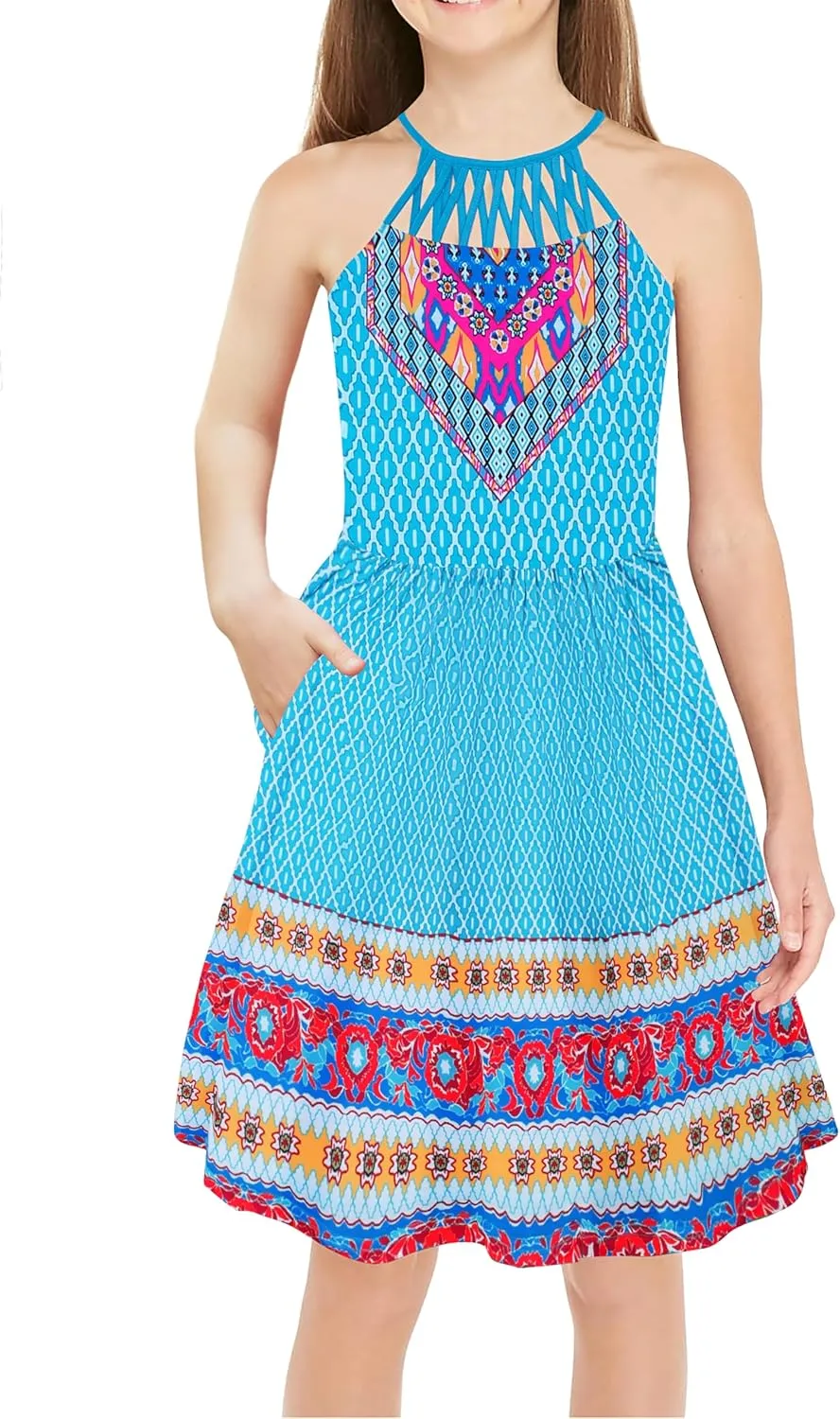 Arshiner Girls Summer Dress Halter Neck Boho Crochet Hollow Out Casual Sundress with Pockets for 5-13 Years