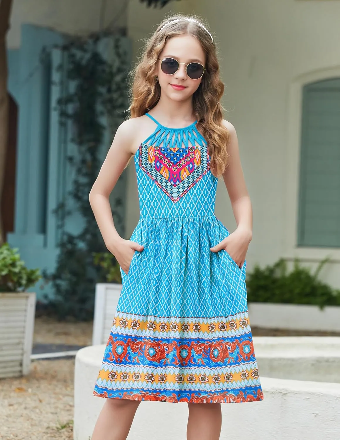 Arshiner Girls Summer Dress Halter Neck Boho Crochet Hollow Out Casual Sundress with Pockets for 5-13 Years