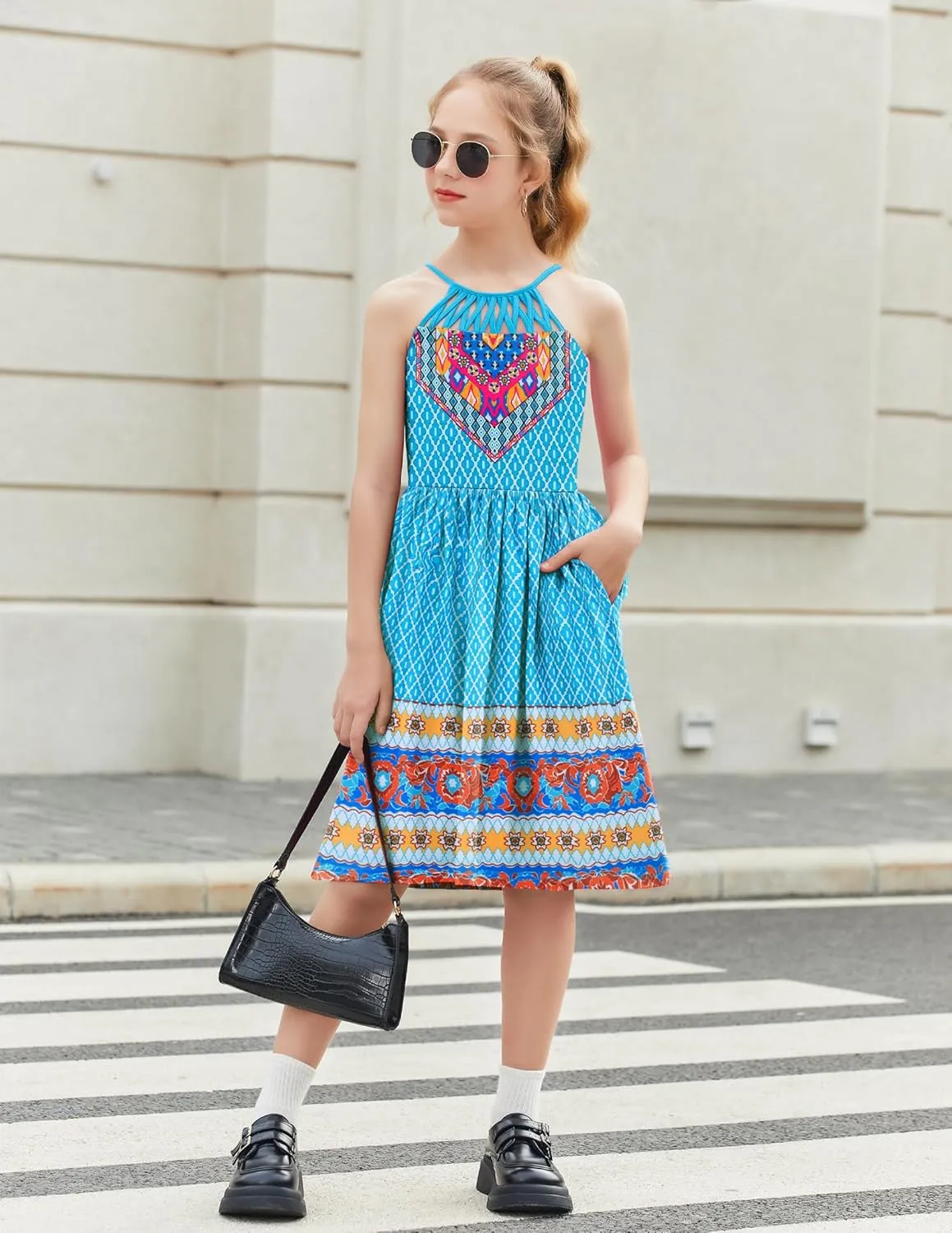 Arshiner Girls Summer Dress Halter Neck Boho Crochet Hollow Out Casual Sundress with Pockets for 5-13 Years