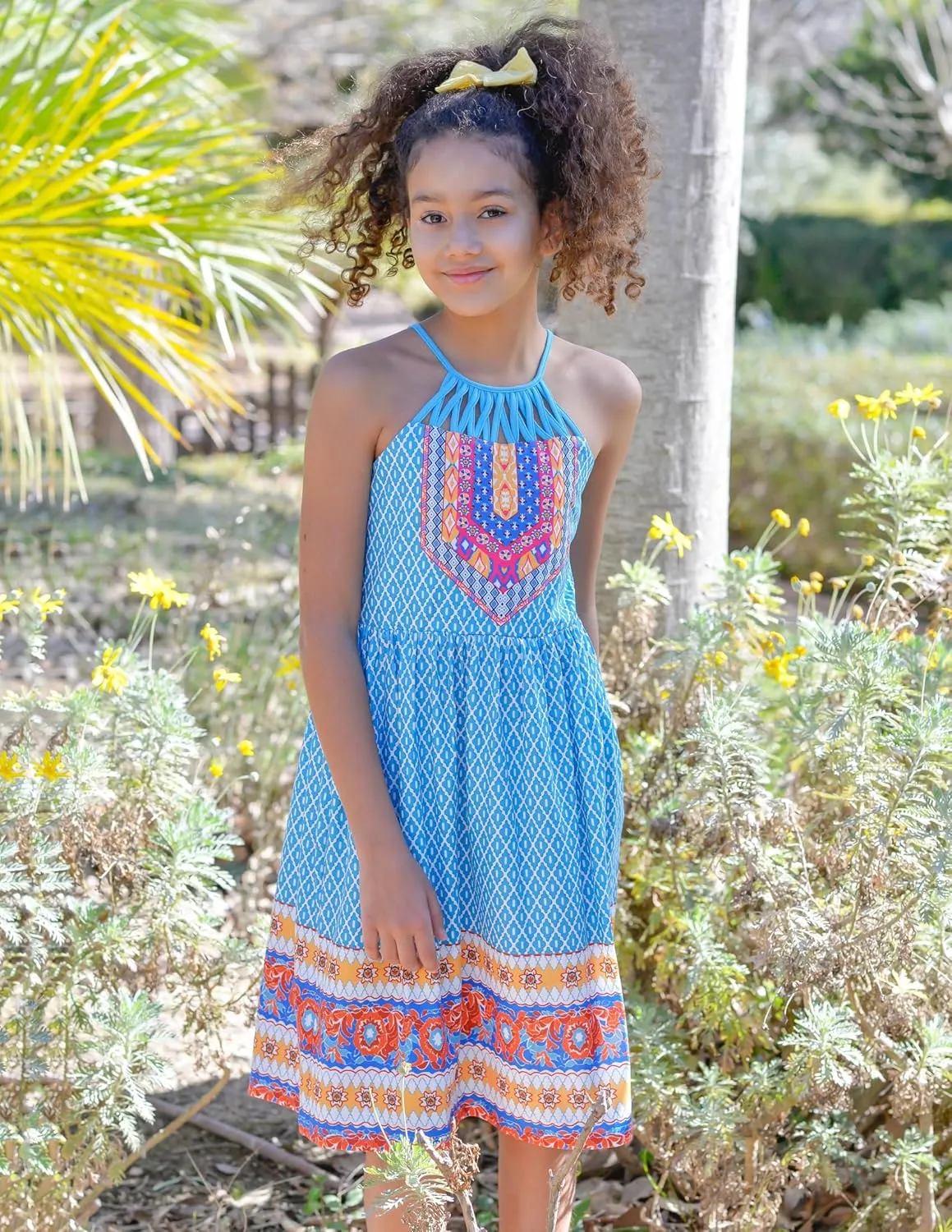 Arshiner Girls Summer Dress Halter Neck Boho Crochet Hollow Out Casual Sundress with Pockets for 5-13 Years