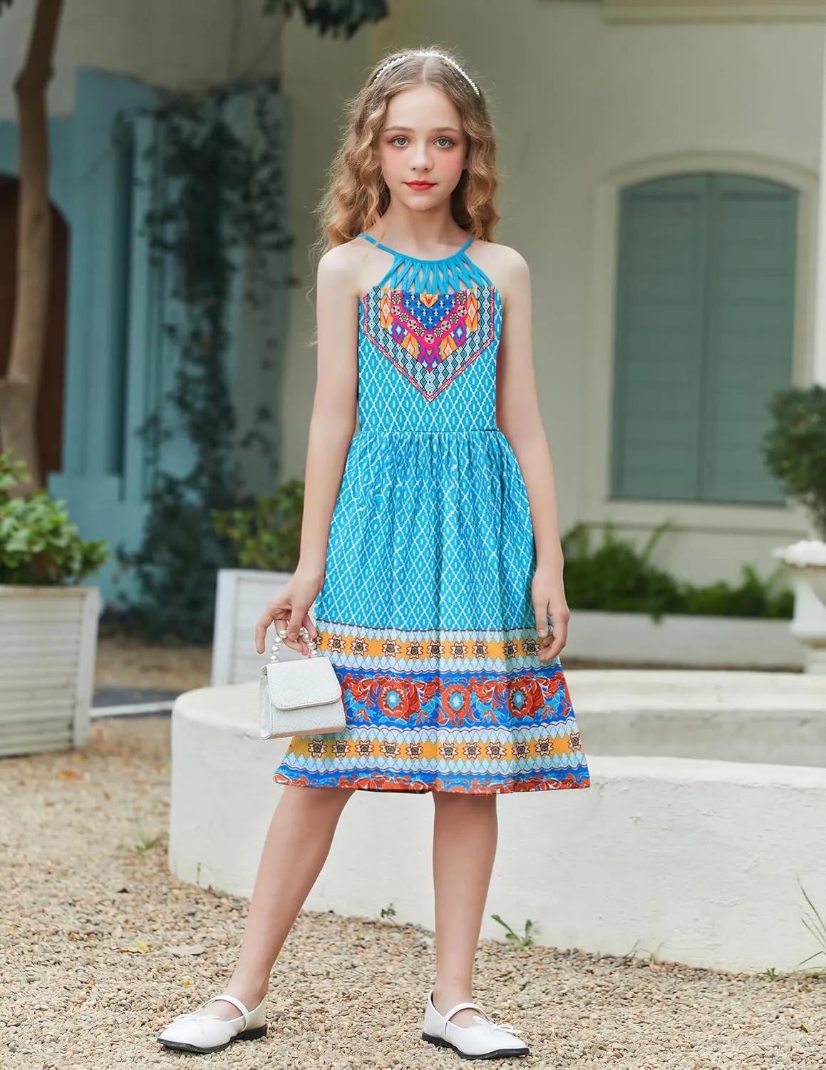 Arshiner Girls Summer Dress Halter Neck Boho Crochet Hollow Out Casual Sundress with Pockets for 5-13 Years
