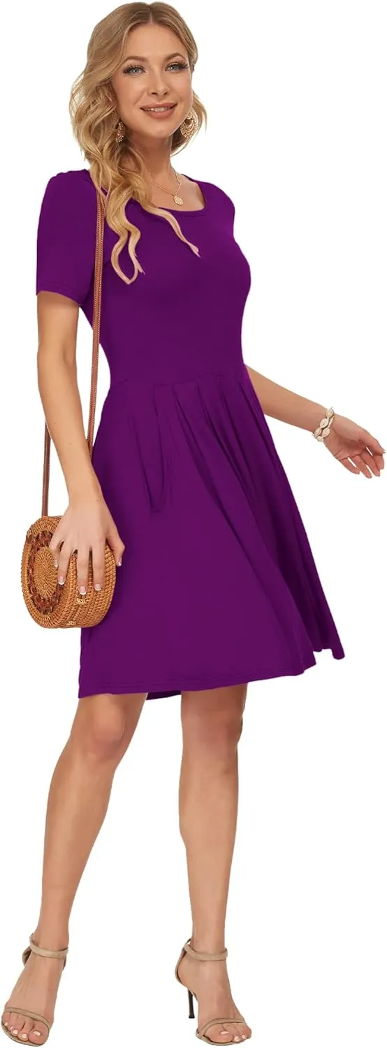 AUSELILY Women's Short Sleeve Summer Dress Pleated Loose Swing Knee Length Dresses with Pockets 2025 New