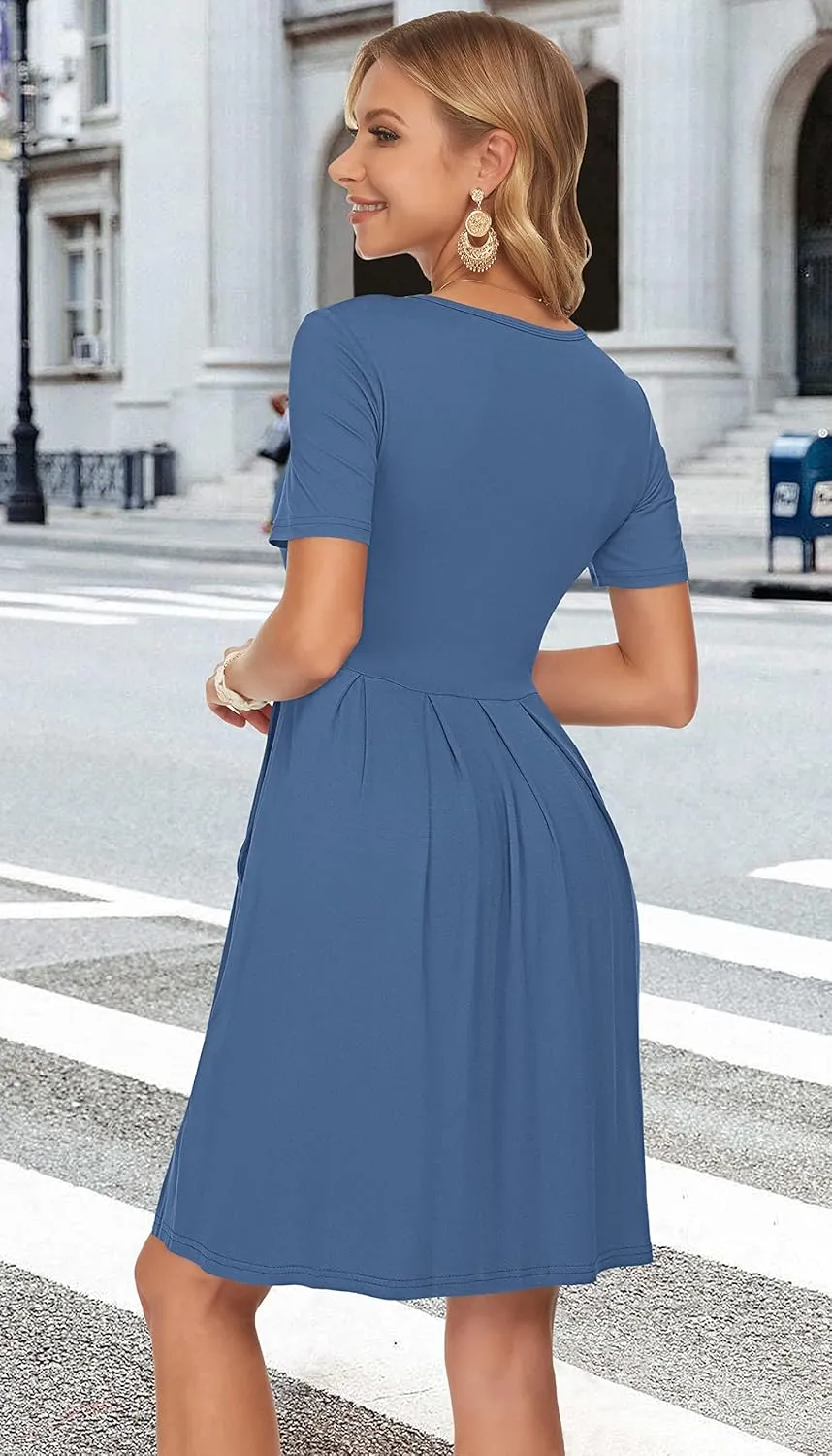 AUSELILY Women's Short Sleeve Summer Dress Pleated Loose Swing Knee Length Dresses with Pockets 2025 New