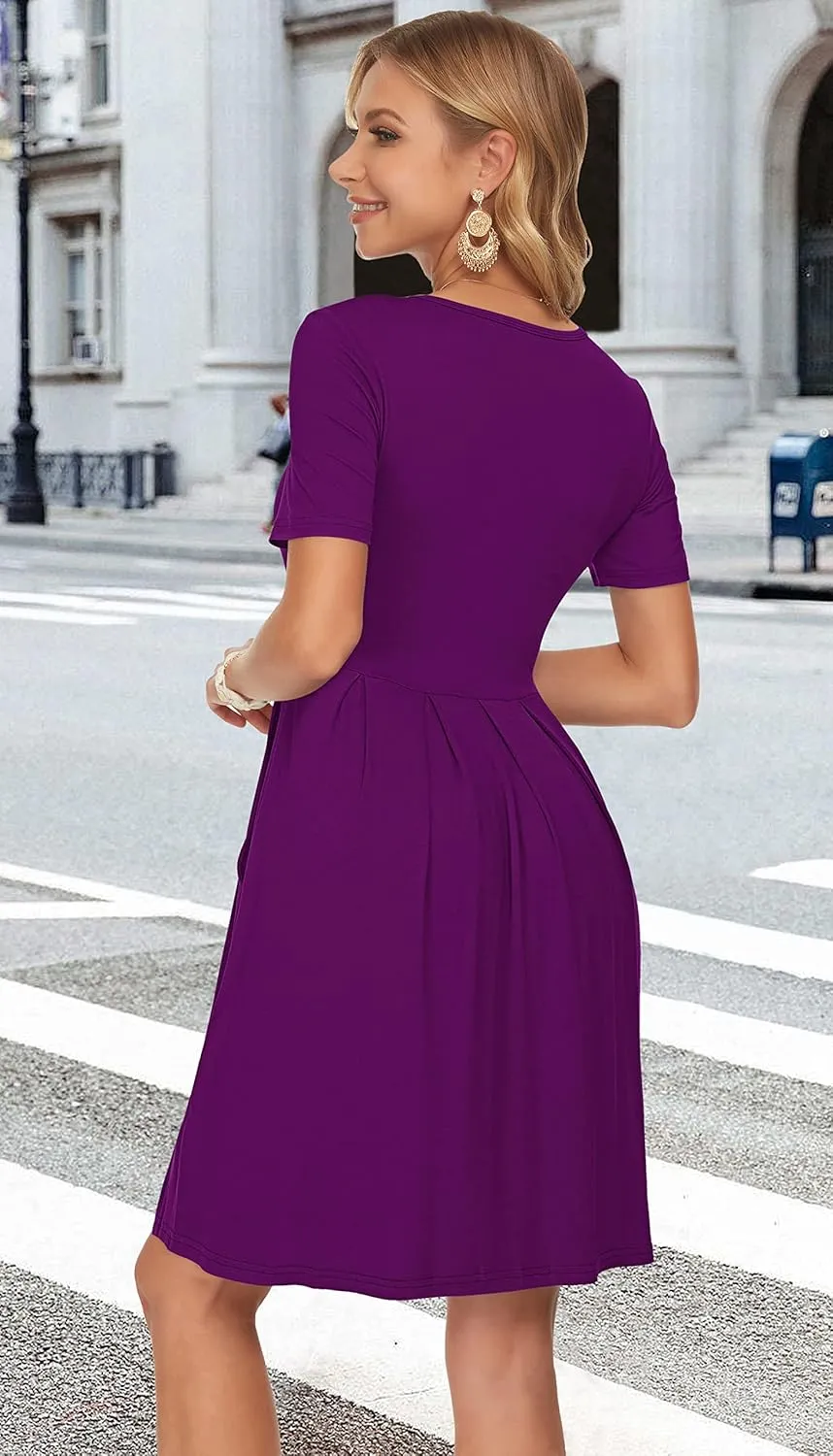 AUSELILY Women's Short Sleeve Summer Dress Pleated Loose Swing Knee Length Dresses with Pockets 2025 New