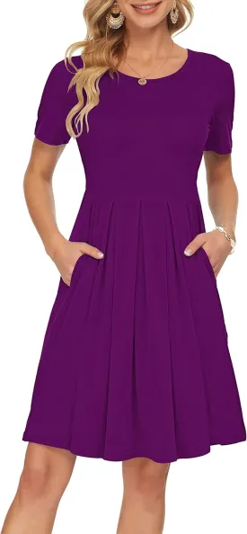 AUSELILY Women's Short Sleeve Summer Dress Pleated Loose Swing Knee Length Dresses with Pockets 2025 New