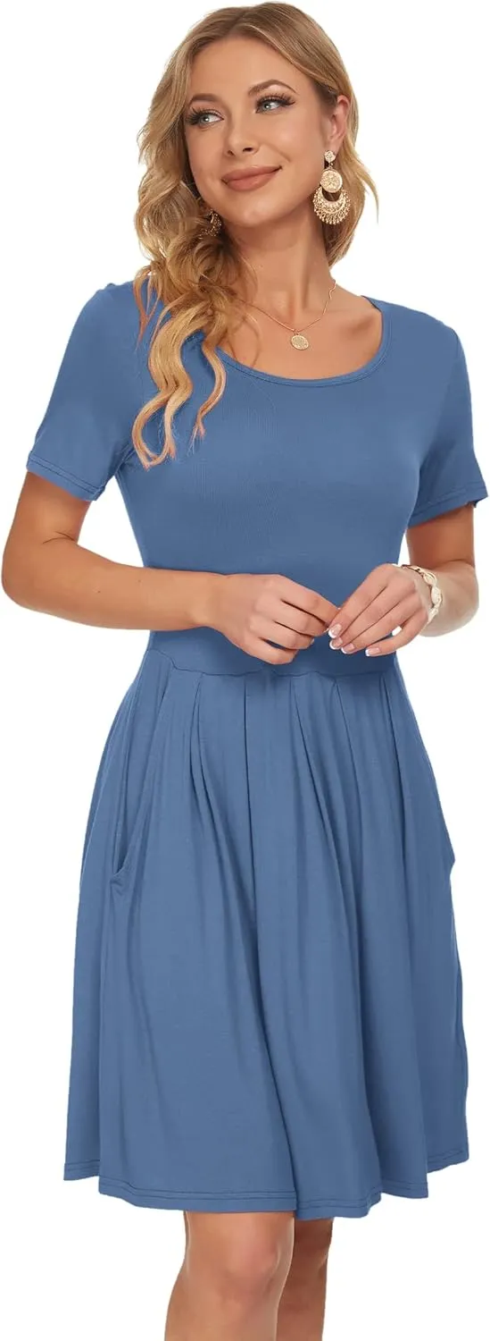 AUSELILY Women's Short Sleeve Summer Dress Pleated Loose Swing Knee Length Dresses with Pockets 2025 New