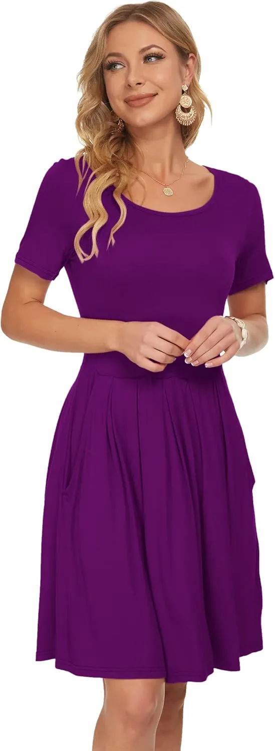 AUSELILY Women's Short Sleeve Summer Dress Pleated Loose Swing Knee Length Dresses with Pockets 2025 New