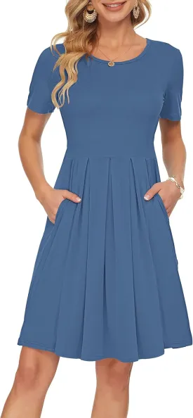 AUSELILY Women's Short Sleeve Summer Dress Pleated Loose Swing Knee Length Dresses with Pockets 2025 New