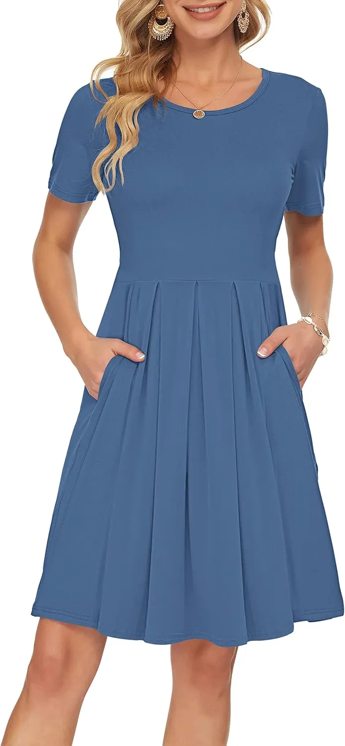 AUSELILY Women's Short Sleeve Summer Dress Pleated Loose Swing Knee Length Dresses with Pockets 2025 New