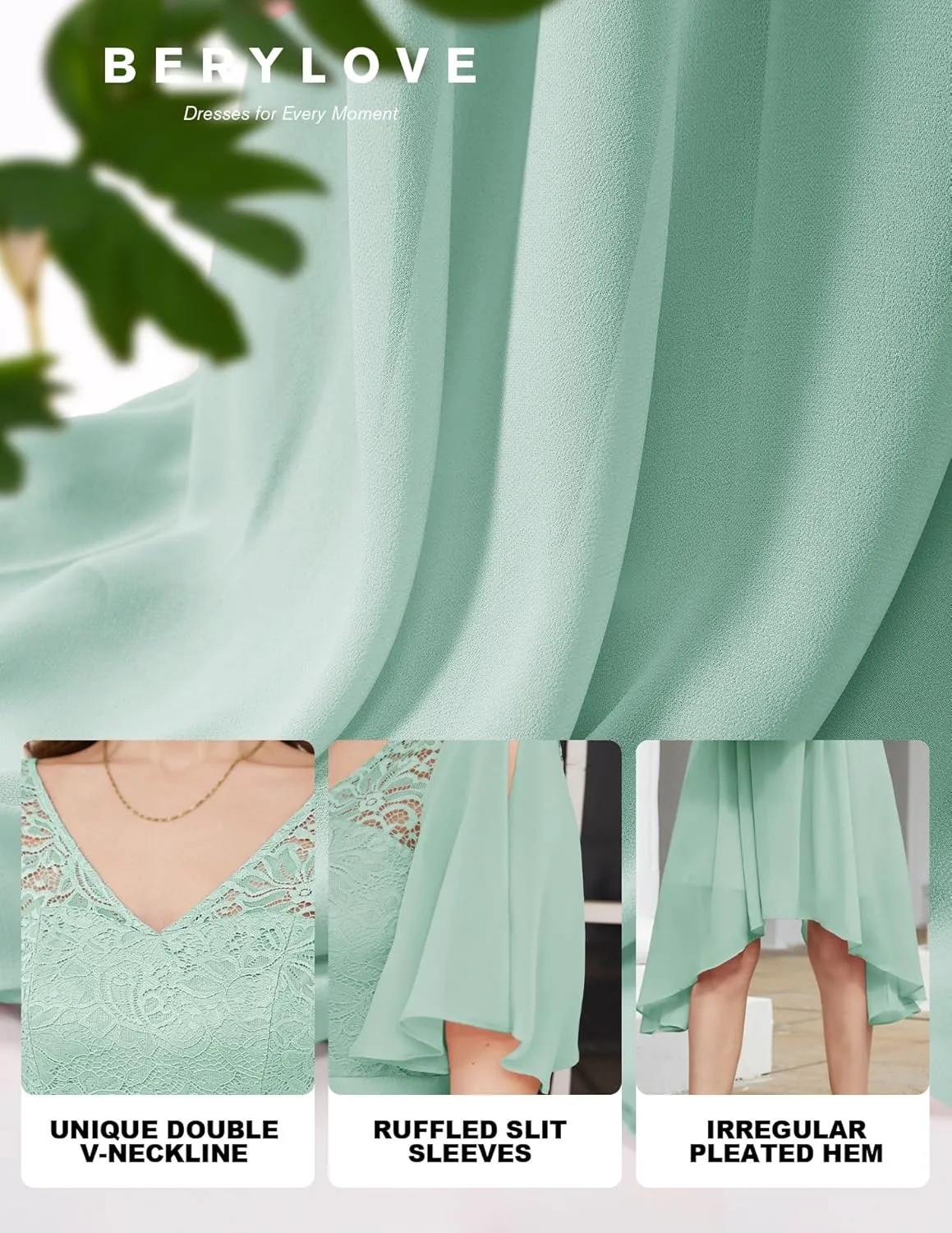 BeryLove Women's Prom Cocktail Formal Wedding Guest Lace Dress 2025 Flutter Sleeve Hem Bridesmaid Dresses
