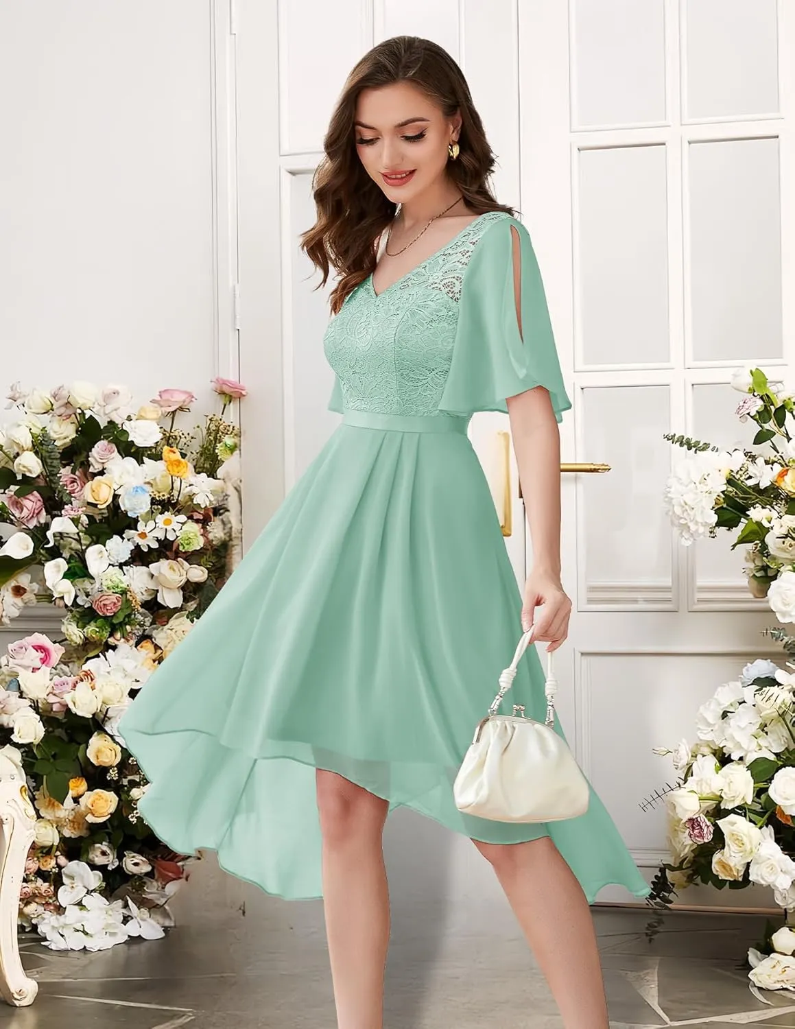 BeryLove Women's Prom Cocktail Formal Wedding Guest Lace Dress 2025 Flutter Sleeve Hem Bridesmaid Dresses