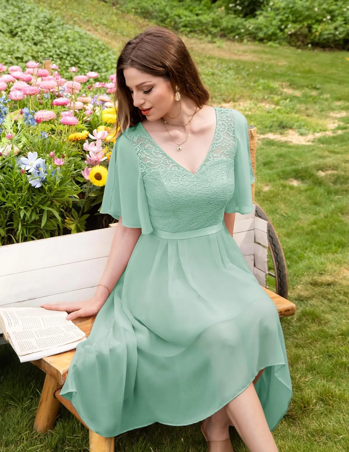 BeryLove Women's Prom Cocktail Formal Wedding Guest Lace Dress 2025 Flutter Sleeve Hem Bridesmaid Dresses