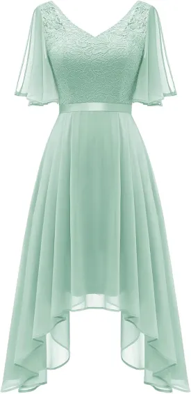 BeryLove Women's Prom Cocktail Formal Wedding Guest Lace Dress 2025 Flutter Sleeve Hem Bridesmaid Dresses