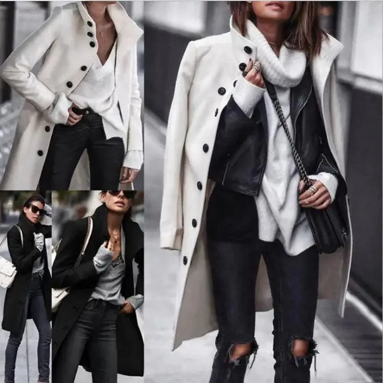 Button long woolen coat
