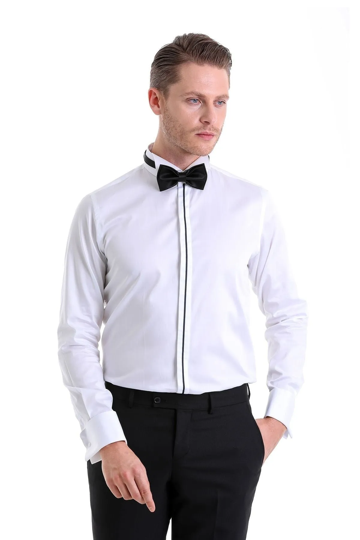 Comfort Fit Plain French Cuff Cotton Navy Tuxedo Shirt