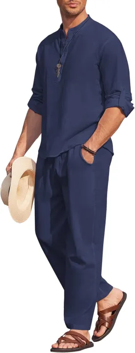 COOFANDY Men's 2 Pieces Cotton Linen Set Long Sleeve Henley Shirts Casual Beach Pants With Pockets Summer Yoga Outfits