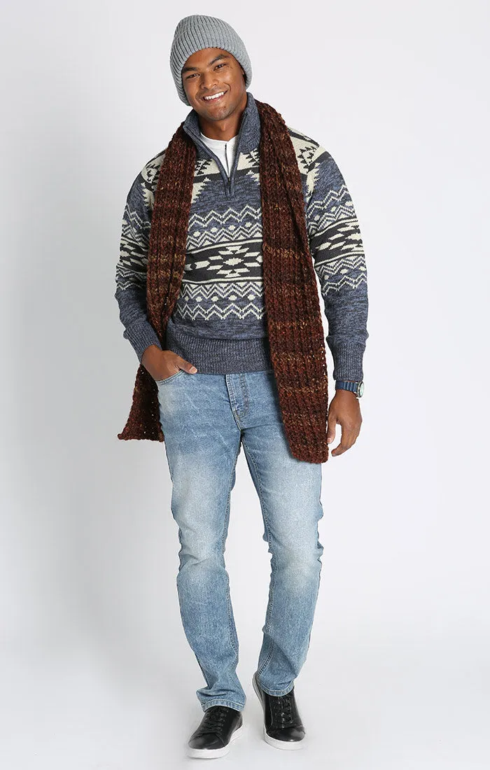 Dark Blue Fair Isle Quarter Zip Mockneck Pullover