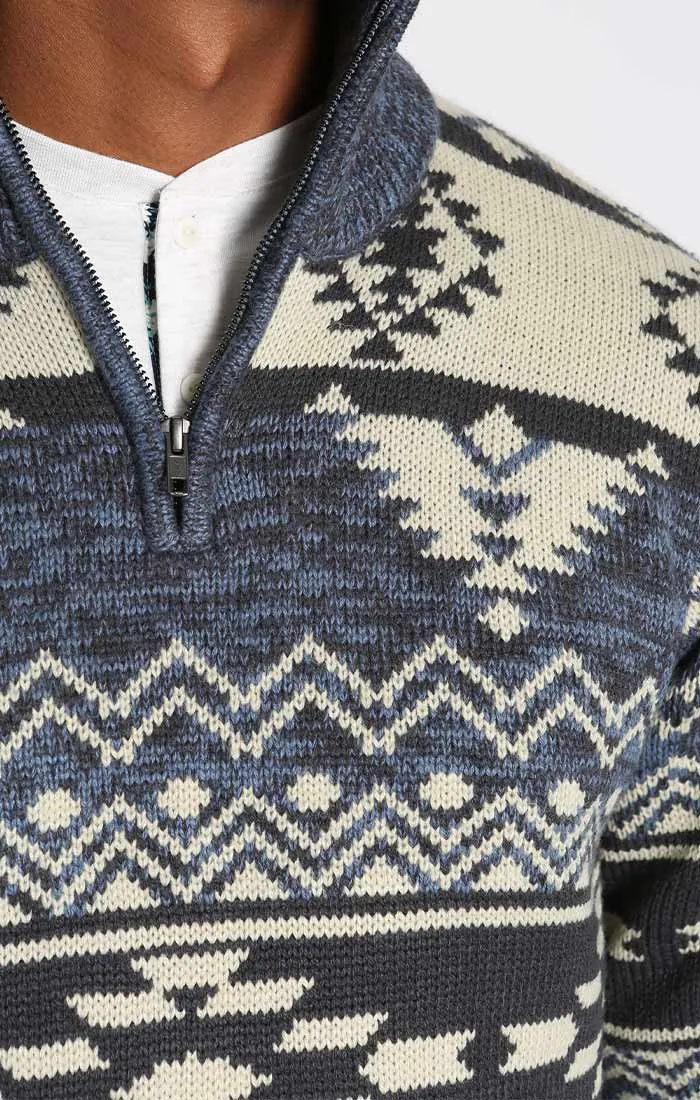 Dark Blue Fair Isle Quarter Zip Mockneck Pullover