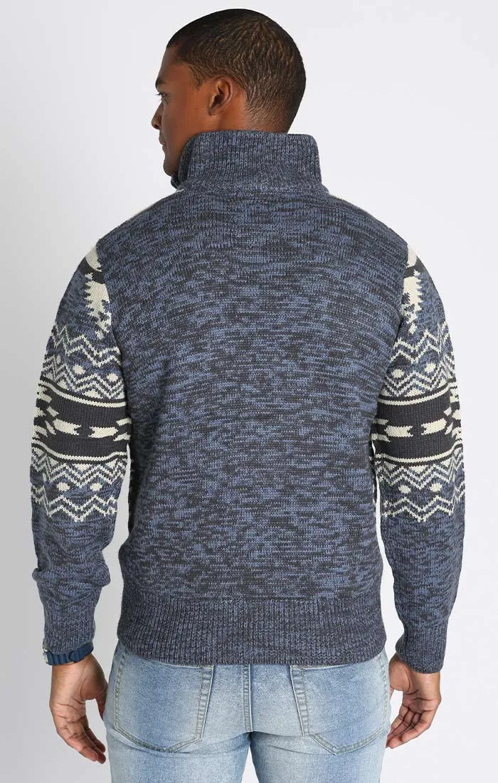 Dark Blue Fair Isle Quarter Zip Mockneck Pullover