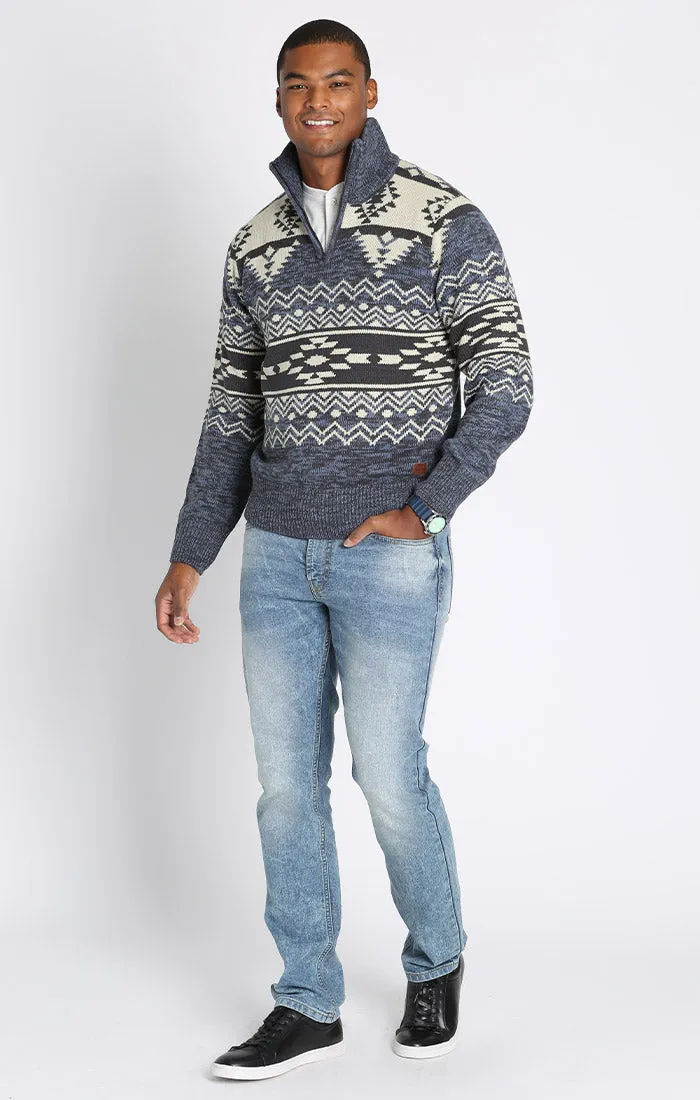Dark Blue Fair Isle Quarter Zip Mockneck Pullover