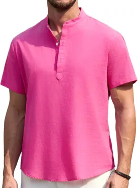 Enlision Mens Cotton Linen Henley Shirts Casual Short Sleeve Shirt Summer Beach Hippie Tshirt Band Collar Shirt for Men